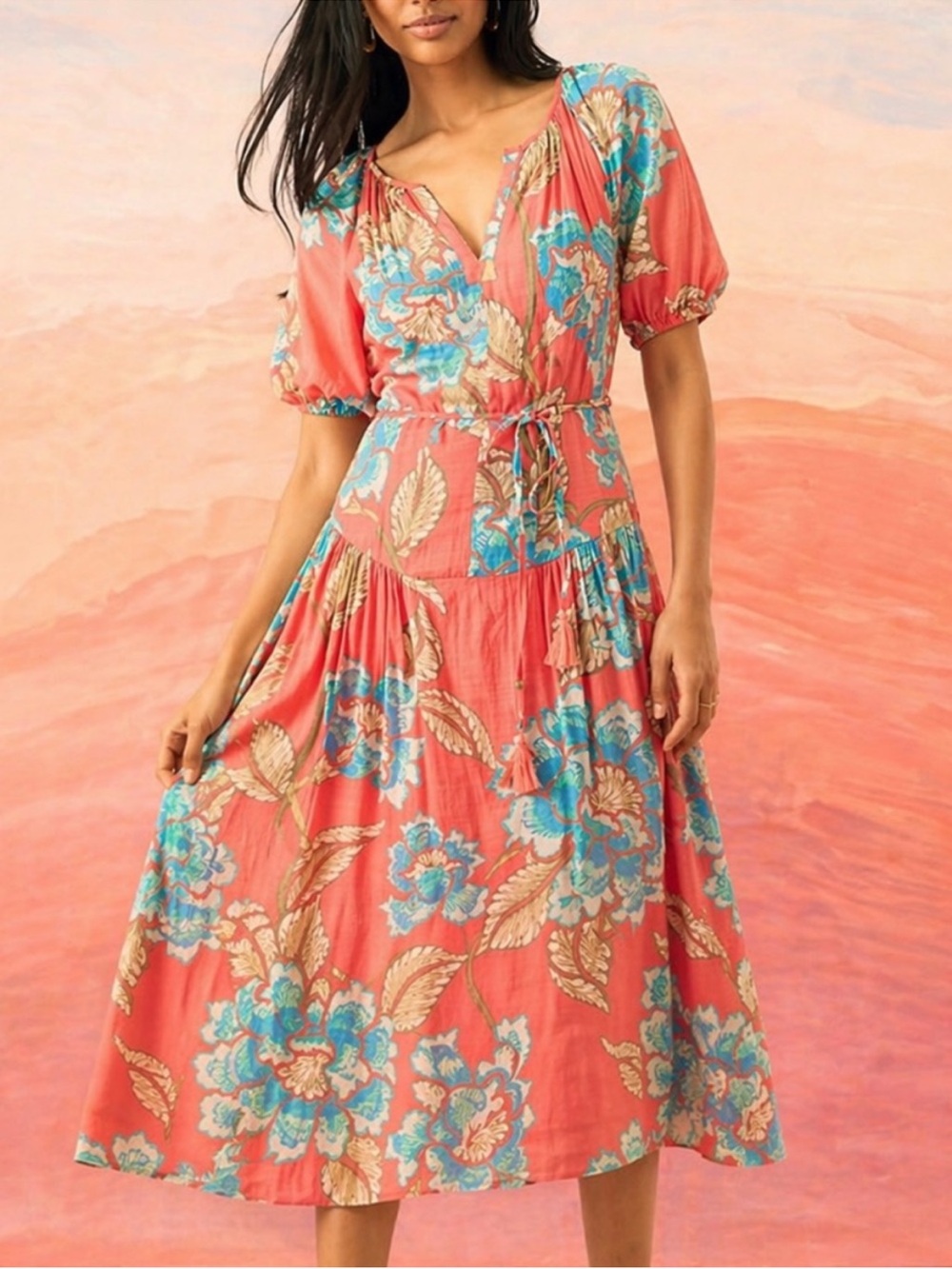 Good Journey Floral Coral Midi Dress with Blue Accents size small